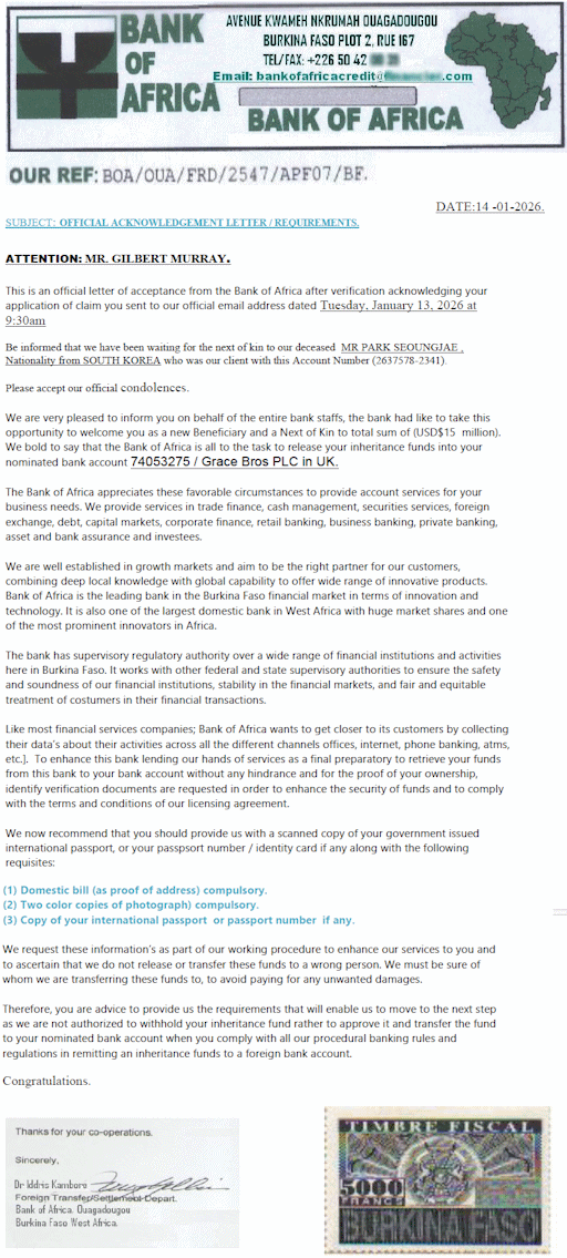 A forged letter, supposedly from the Bank of Africa