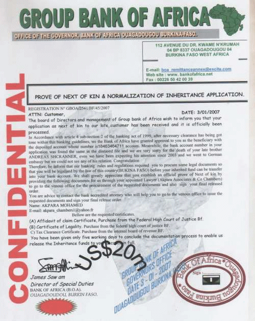 A fake bank letter