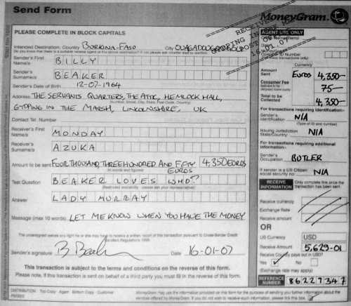A forged MoneyGram receipt
