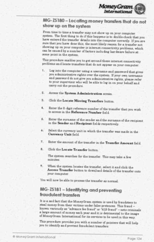 A forged page of instructions, supposedly taken from a MoneyGram Procedures Handbook