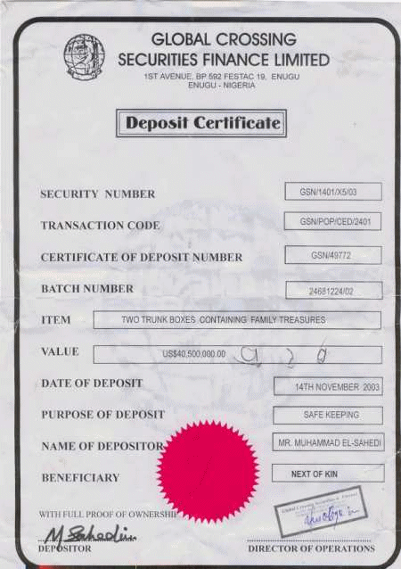 A forged deposit certificate