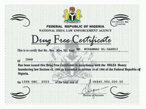 A forged drug-free certificate