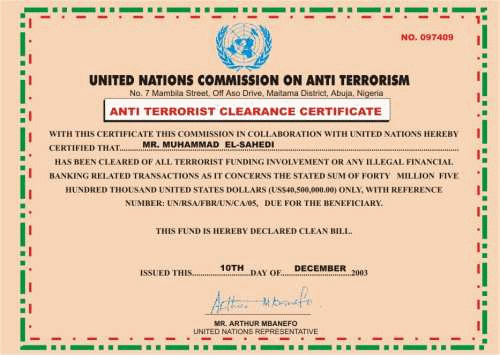 A forged anti-terrorist certificate