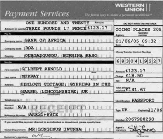 Gilbert's forged Western Union receipt