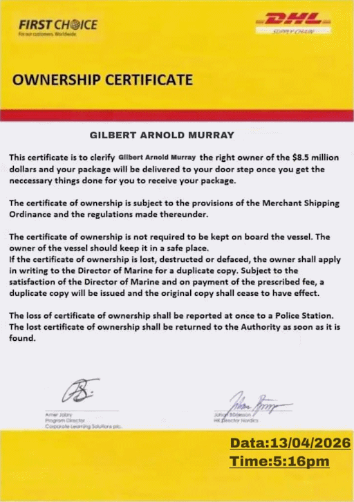 A forged DHL ownership certificate