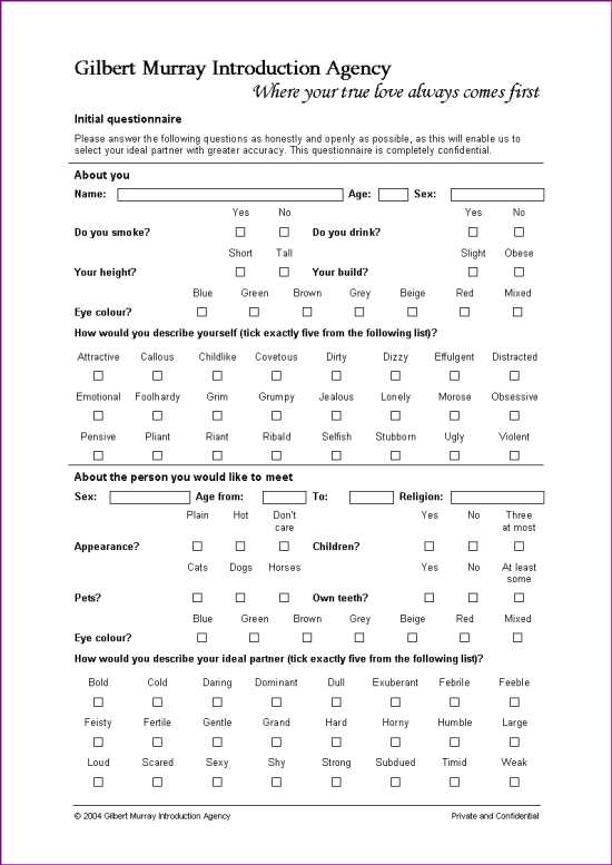 Gilbert's introduction agency questionnaire