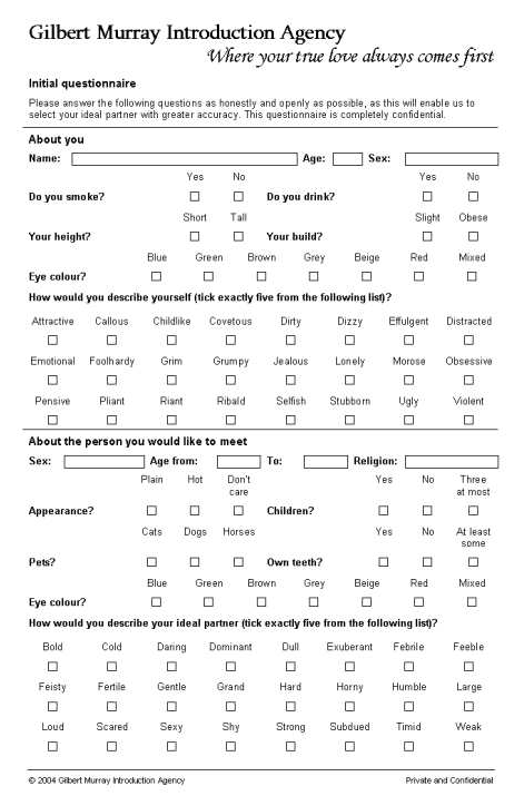 An introduction agency questionnaire, with ridiculous questions