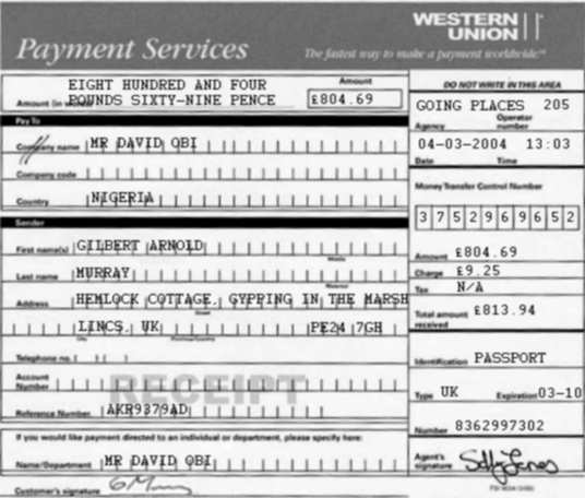 Gilbert's forged Western Union receipt