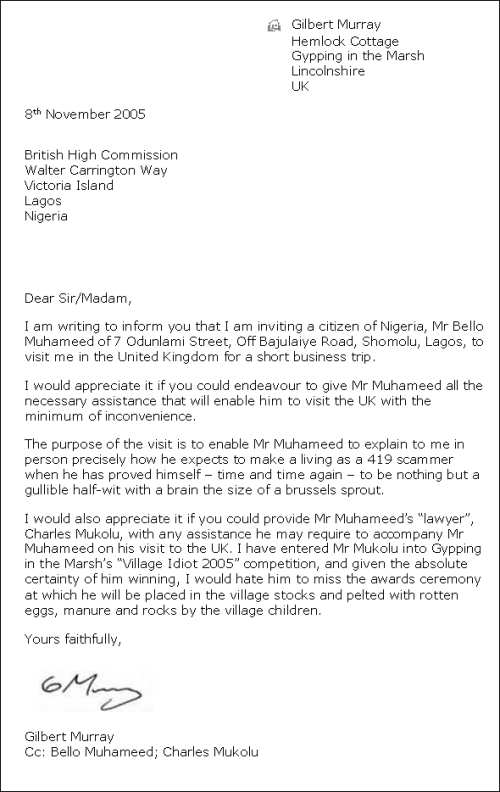 A letter of invitation to the British High Commission in Lagos, mockingly inviting the scammers to the UK