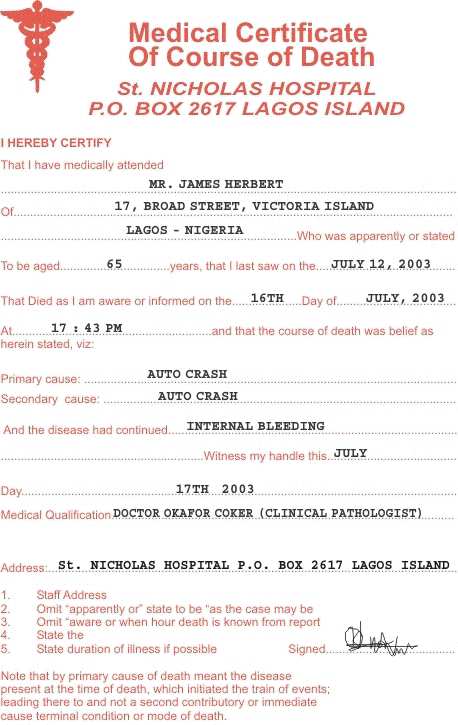 The late Mr Herbert's death certificate