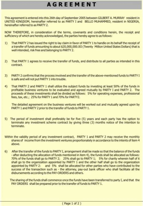 Page 1 of a memorandum of understanding