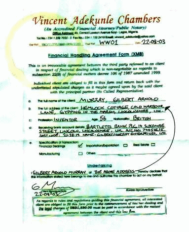 A completed financial agreement form