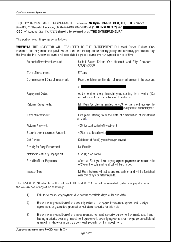 Page 1 of the lawyer's agreement