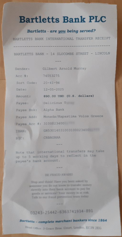 A fake bank receipt for an international money transfer