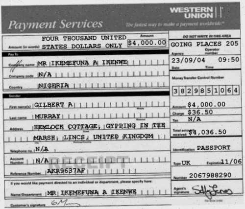 Gilbert's second forged Western Union receipt