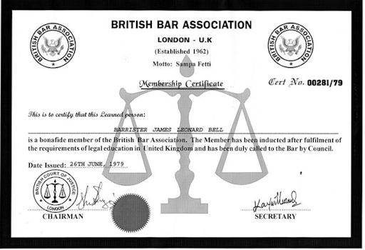 A forged certificate showing membership of the British Bar Association