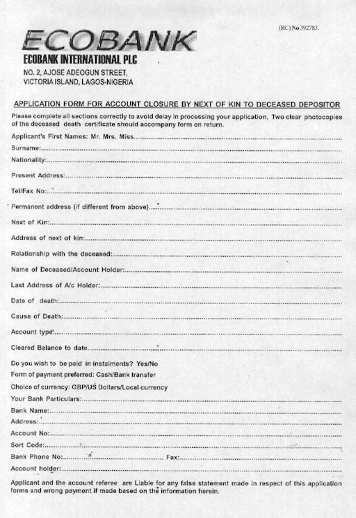 Page 1 of a forged account closure application document