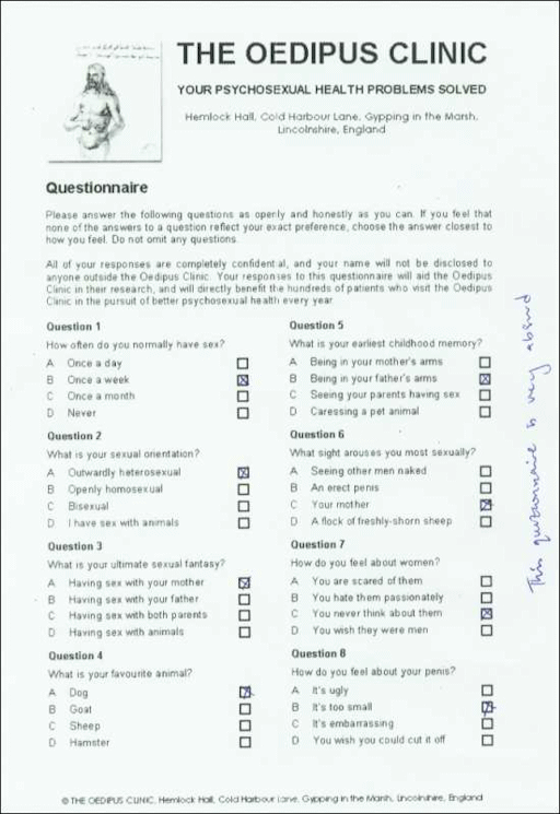 The Oedipus Clinic questionnaire, having been completed by the scammer