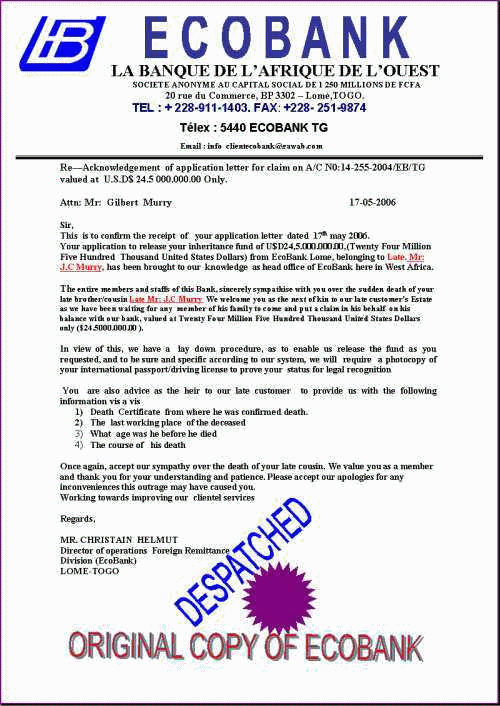 A forged letter from a bank