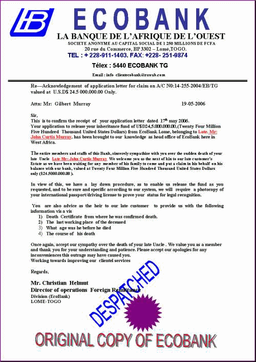 A forged letter from a bank