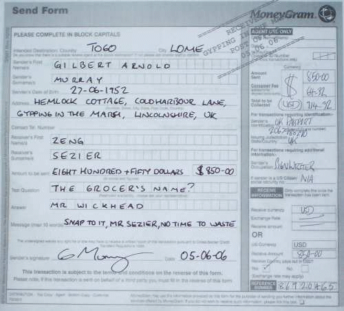 A forged MoneyGram receipt