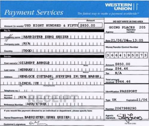A forged Western Union receipt