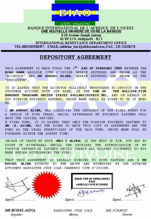 A fake depository agreement