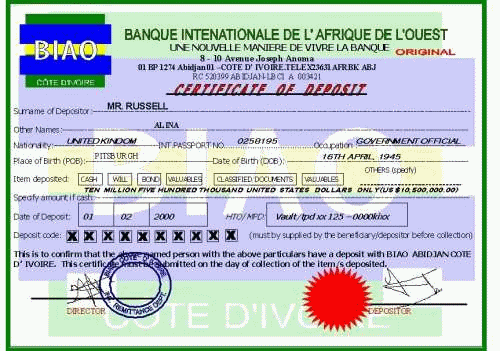 A fake certificale of deposit
