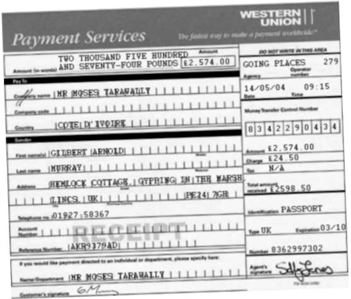 A forged Western Union receipt