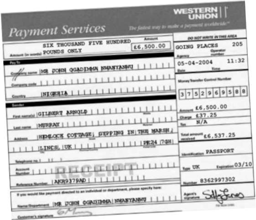 A forged Western Union receipt