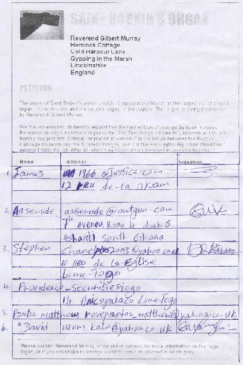 A signed petition to include Reverend Murray's magnificent organ in a guide book