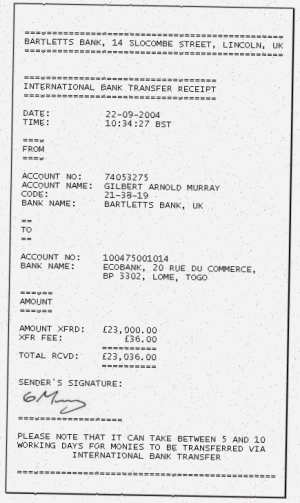 A forged bank receipt