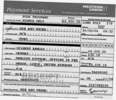 Gilbert's second forged Western Union receipt