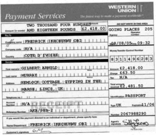 A forged Western Union receipt