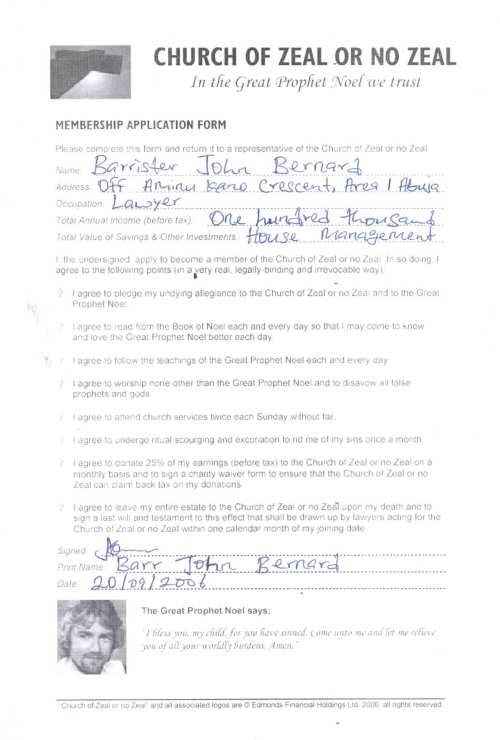 Mr Bernard's completed Church of Zeal or no Zeal application form