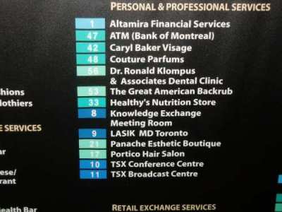 The business directory inside 100 King Street West: no mention of the Melba Financial Credit Union