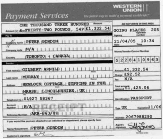 Gilbert's forged Western Union receipt