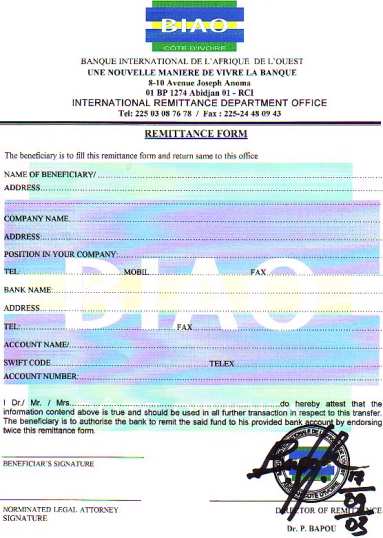 The bank's remittance form