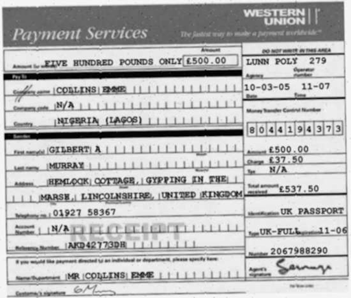 A forged Western Union receipt