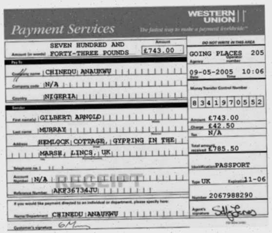 Gilbert's fifth forged Western Union receipt