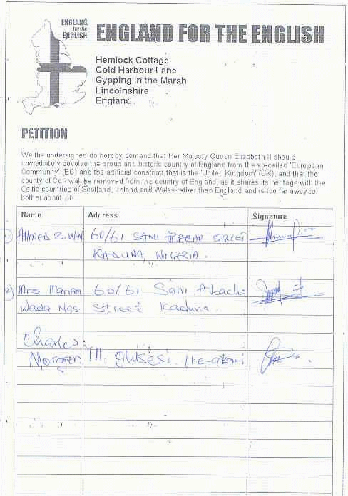 A signed petition asking for Cornwall to be removed from England