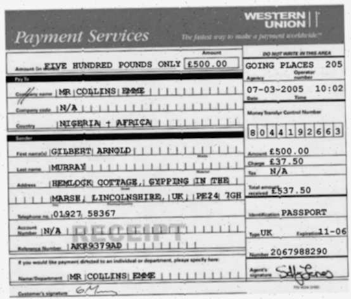 A forged Western Union receipt