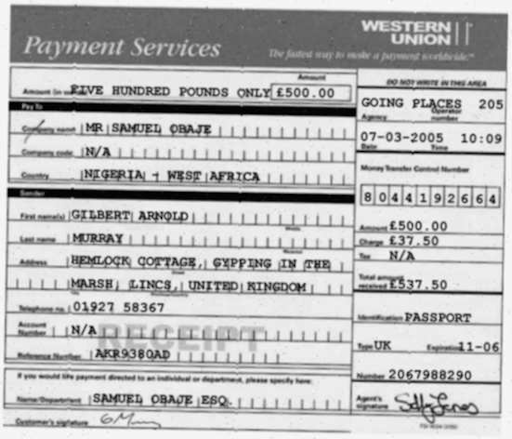 A forged Western Union receipt