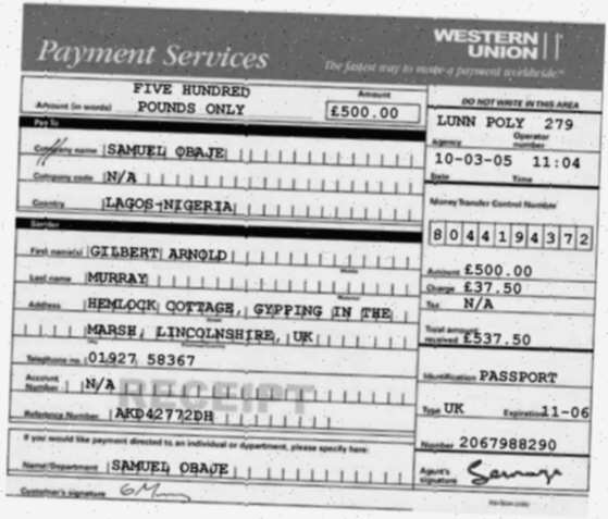 Gilbert's third forged Western Union receipt