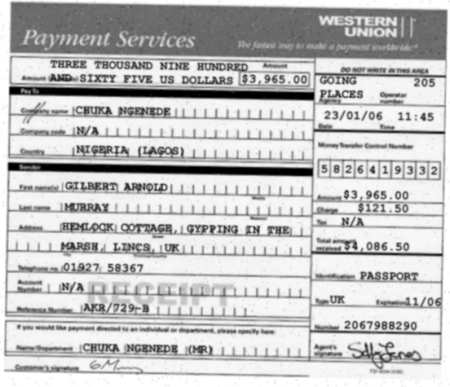 Gilbert's forged Western Union receipt