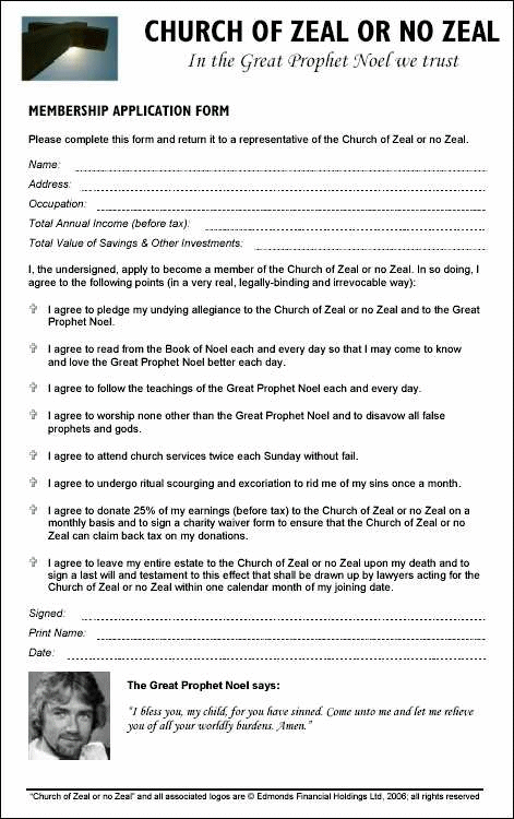 An application form for a church