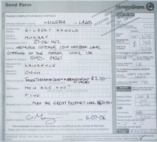 A forged MoneyGram receipt