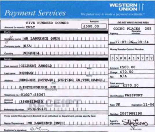 Gilbert's forged Western Union receipt