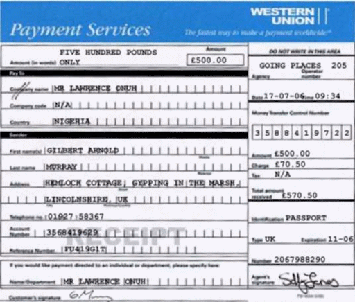 A forged Western Union receipt