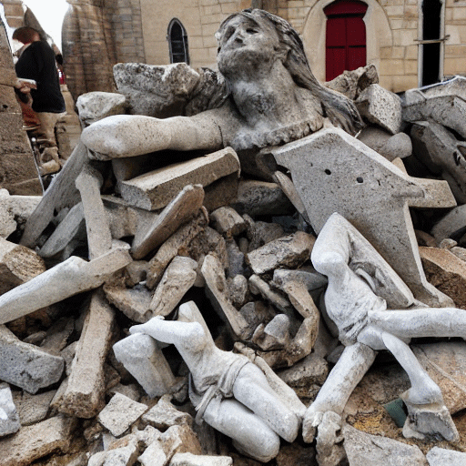 Broken-up stone statues in front of a church